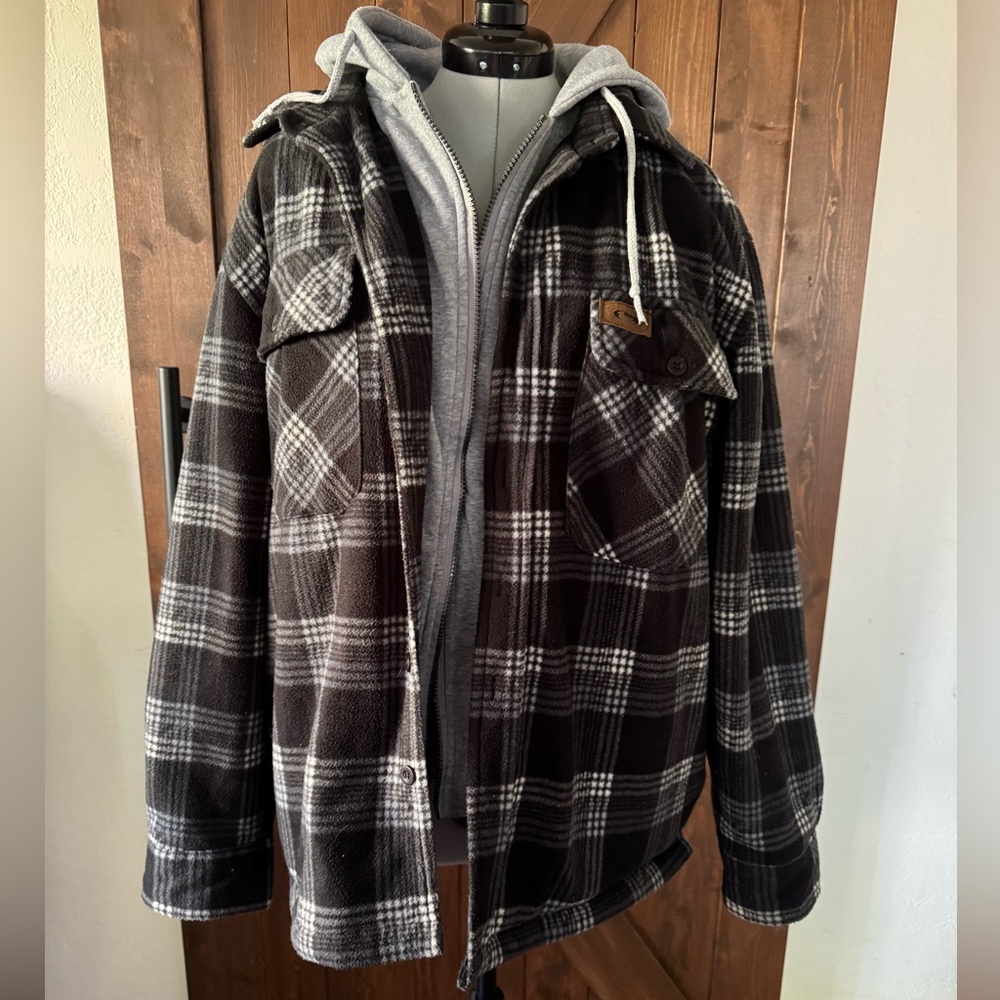 Stillwater Supply Co Gray Plaid Hood Sherpa Lined Shirt Jacket
